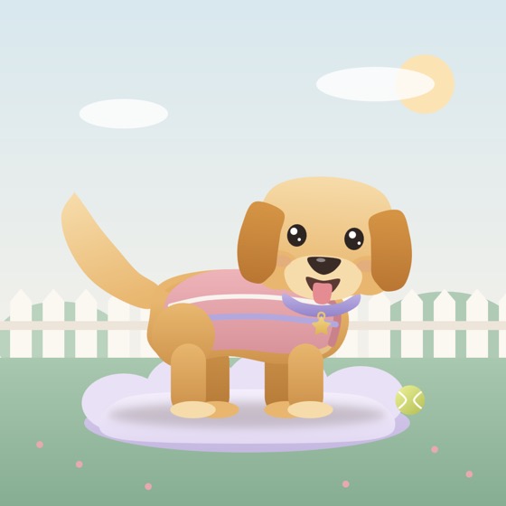 Golden retriever in a sweater on a cloud bed in the backyard