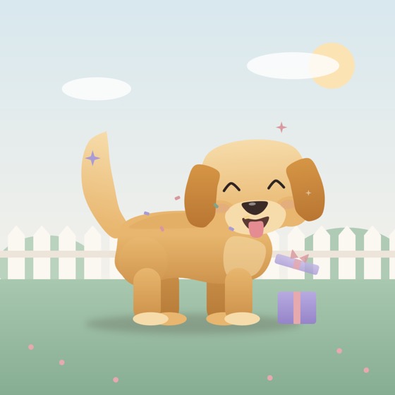Golden retriever next to an opened gift box with confetti