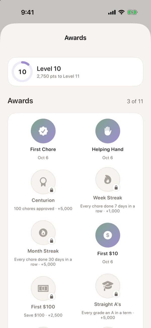 Awards screen with unlocked and locked achievements