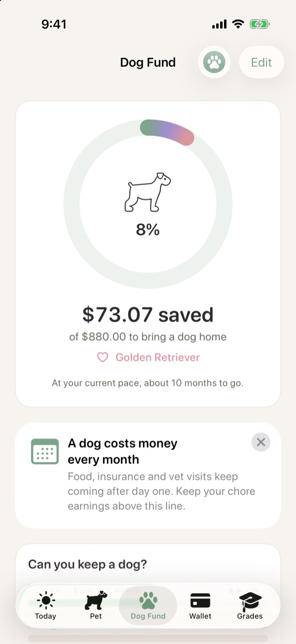 Dog Fund screen showing $73 saved of $880 with a progress ring