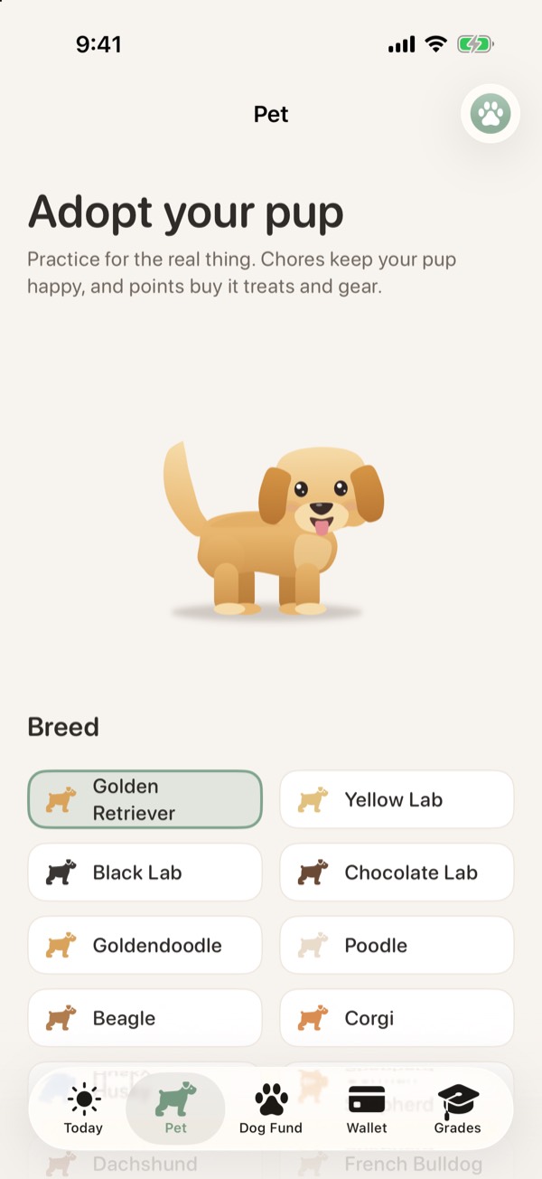 Adopt your pup screen with a golden retriever and a breed picker