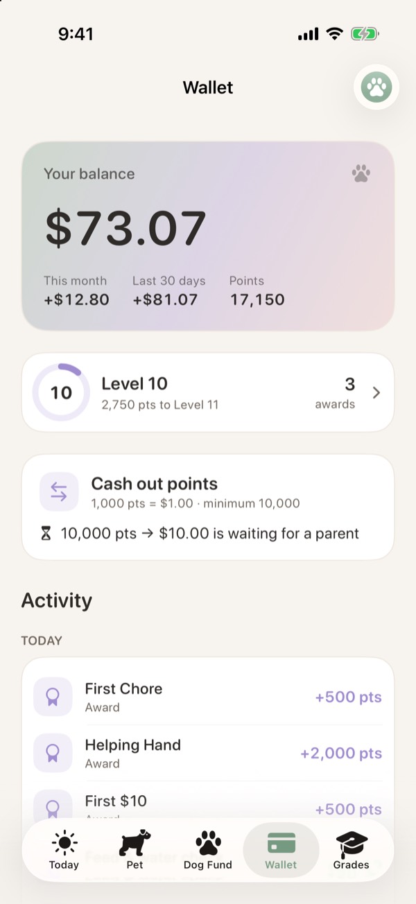 Wallet with balance, level, a points cash-out request and recent awards
