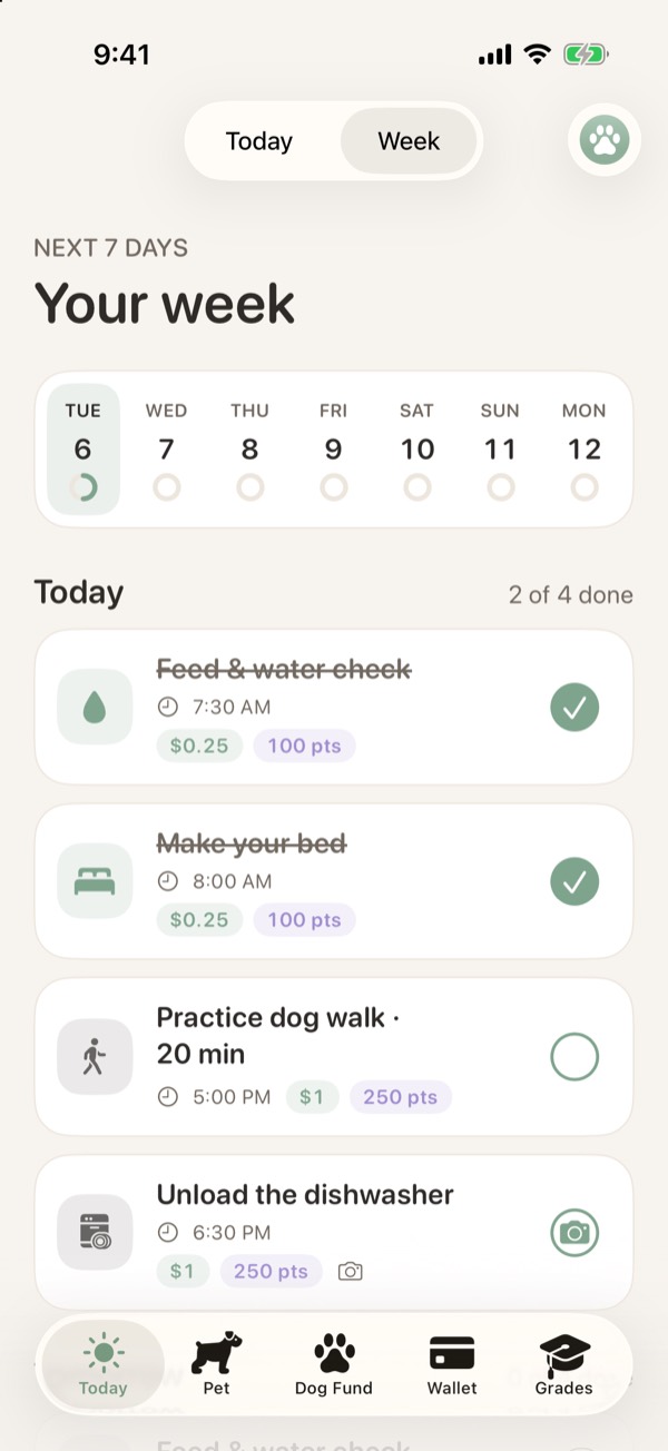 Week view with a seven day strip and each day's chores