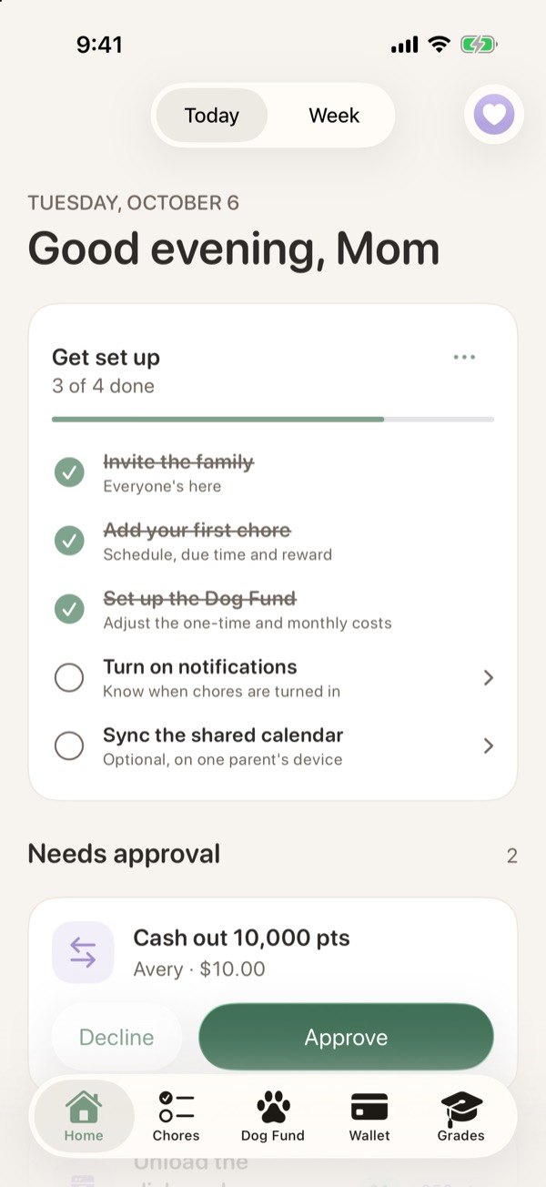 Parent home with a setup checklist and a cash-out waiting for approval