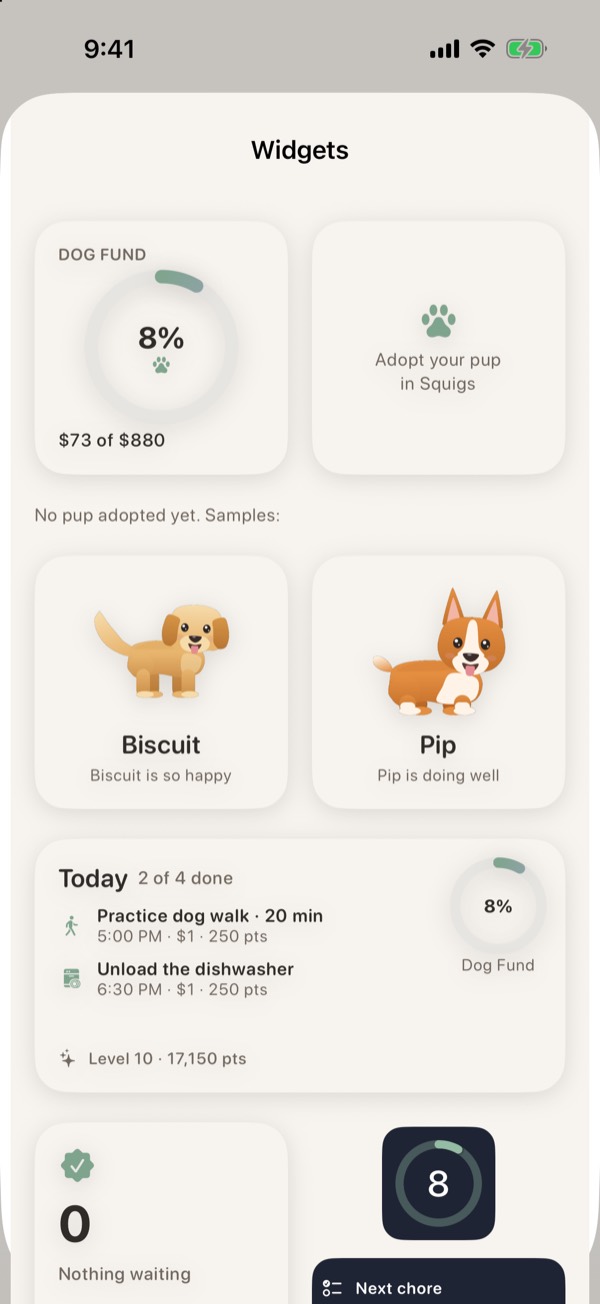 Home Screen widgets: Dog Fund ring, pup, today's chores and lock screen widgets